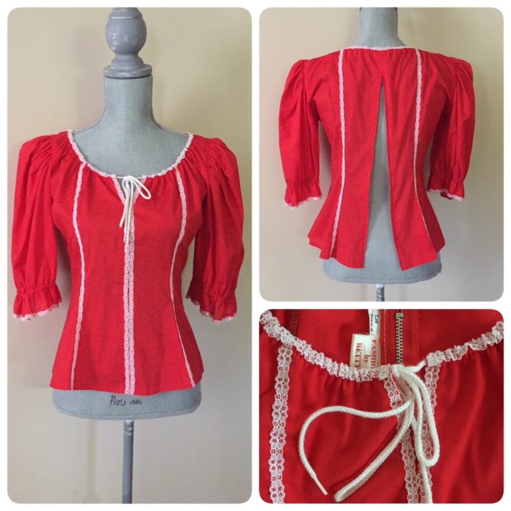 Vintage red blouse, white trim detail